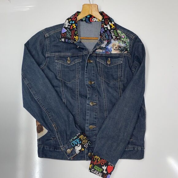 Custom Embellished Jean Jacket Dog Lovers Dark Wash Sheltie Spaniel Horse Small - Picture 1 of 12